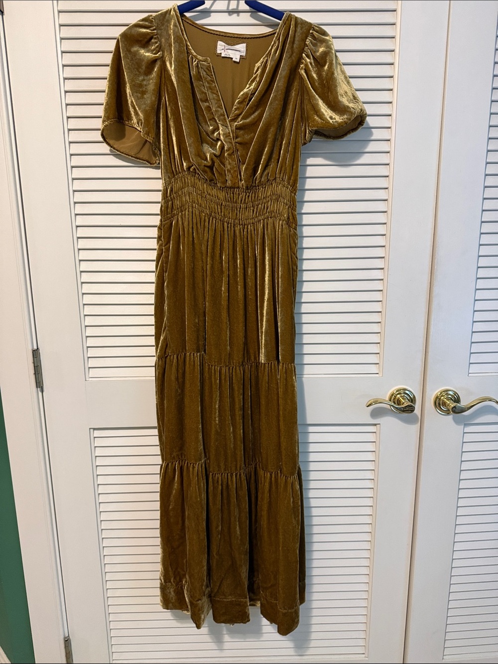 Anthropologie Gold Velvet Tiered Maxi Dress